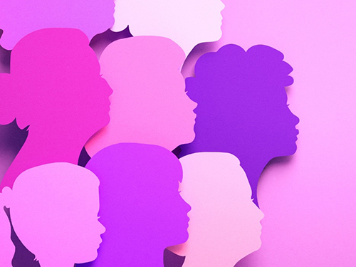 A group of silhouettes in shades of pink and purple.