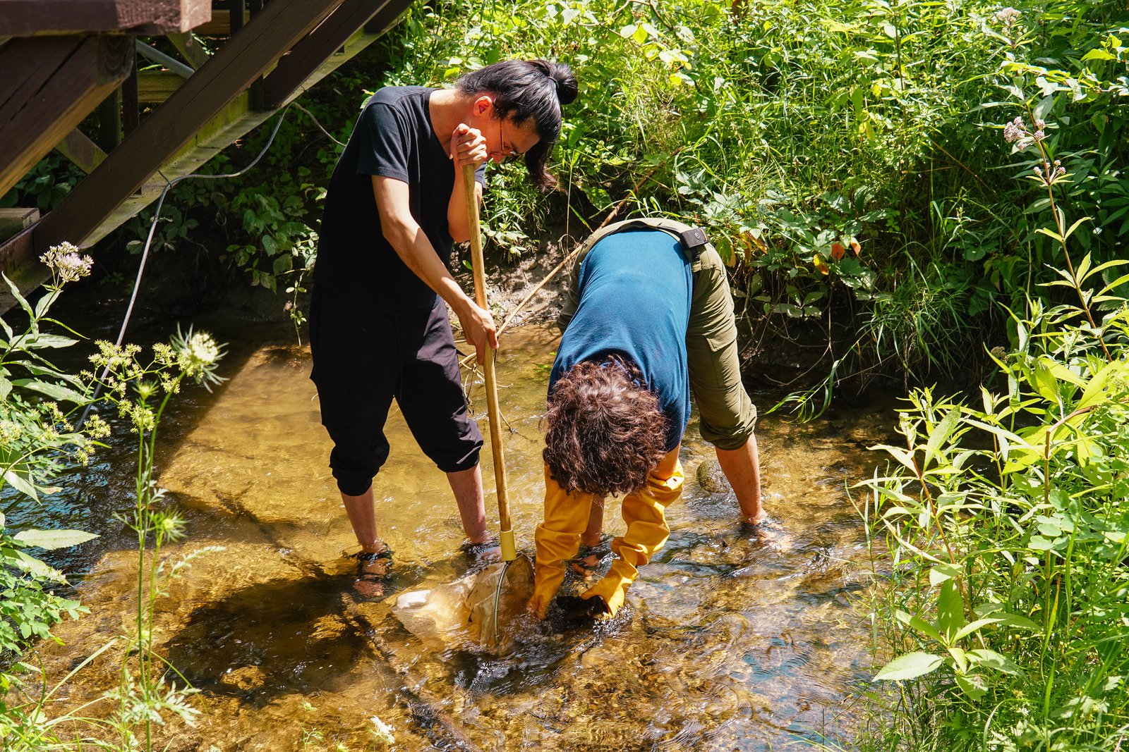 Two people dig around in a creek