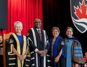 Chancellor Yaprak Baltacioğlu, President Wisdom Tettey, Board Chair Beth Creary, Senate Clerk Elinor Sloan