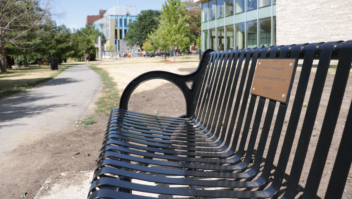 The Farr Bench, situated facing the Rideau River outside RIchcraft Hall.