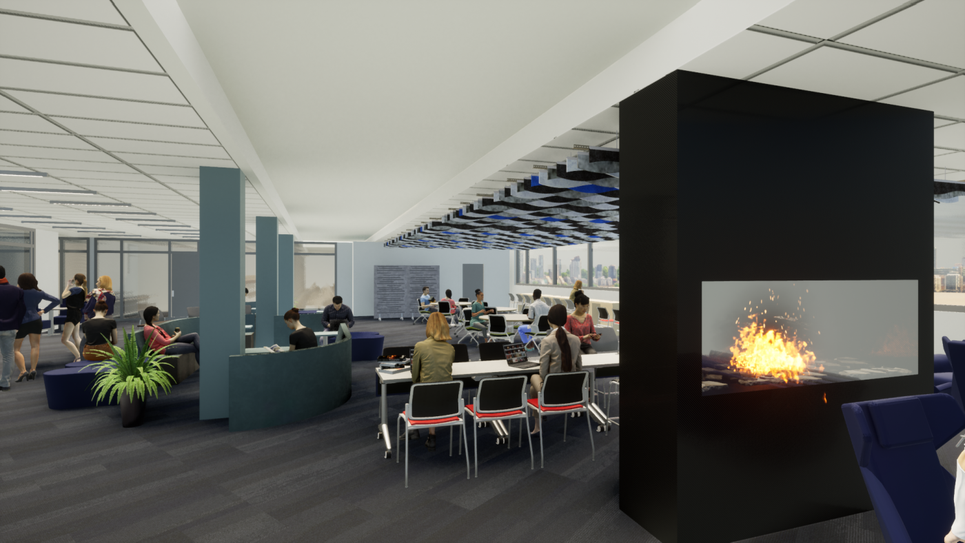 Future Learning lab rendering by the fireplace.