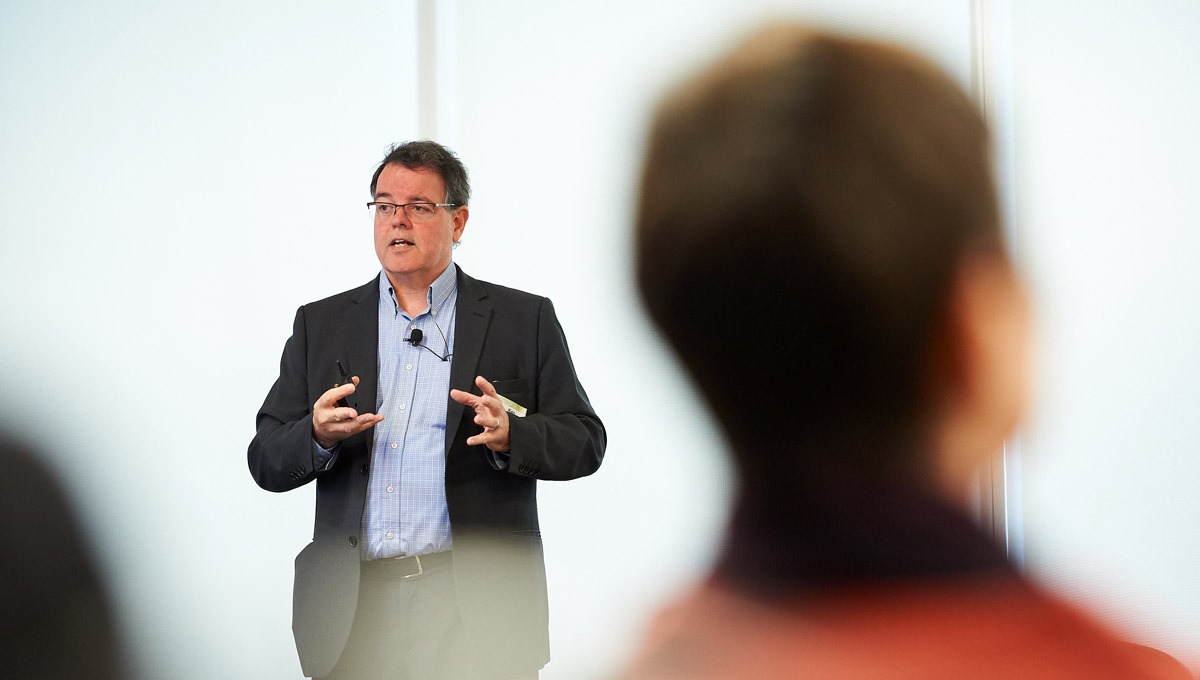 An attendee speaks during Life Sciences Day