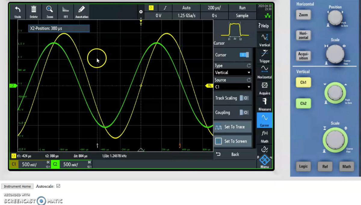 Screenshot from ECOR 1052 tutorial on how to work with an oscilloscope remotely.