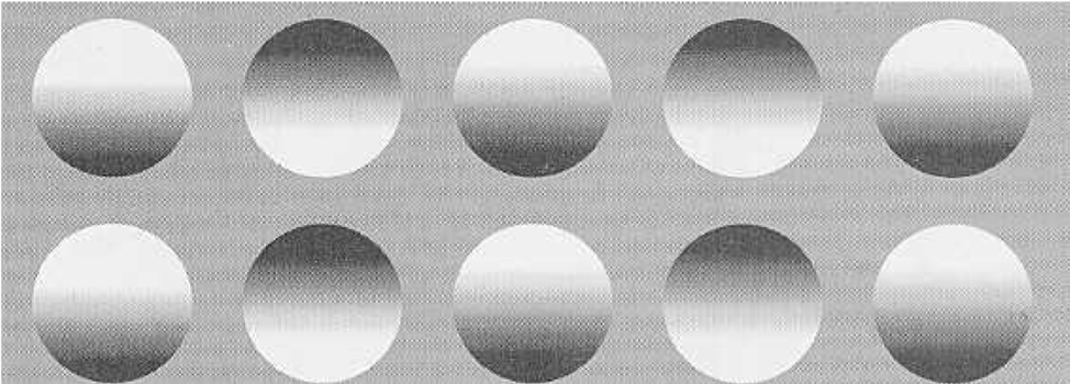 A black-and-white image of several outlined circles with varying degrees and placement of shading inside their rings
