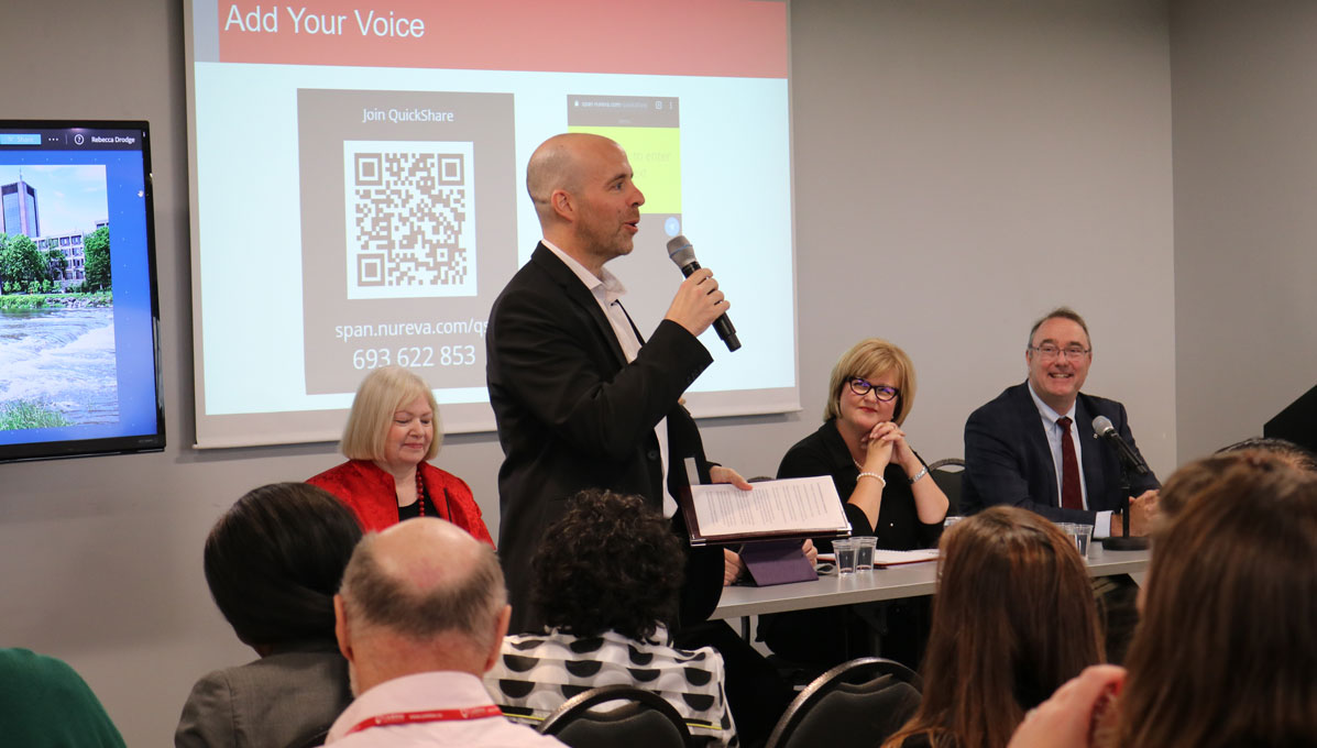 Carleton President Benoit-Antoine Bacon speaks in front of a panel of experts on the topic of internationalization at the Strategic Planning Speaker Series.