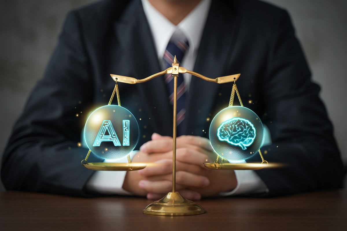 Scales of justice with AI on one side and a human brain on the other.