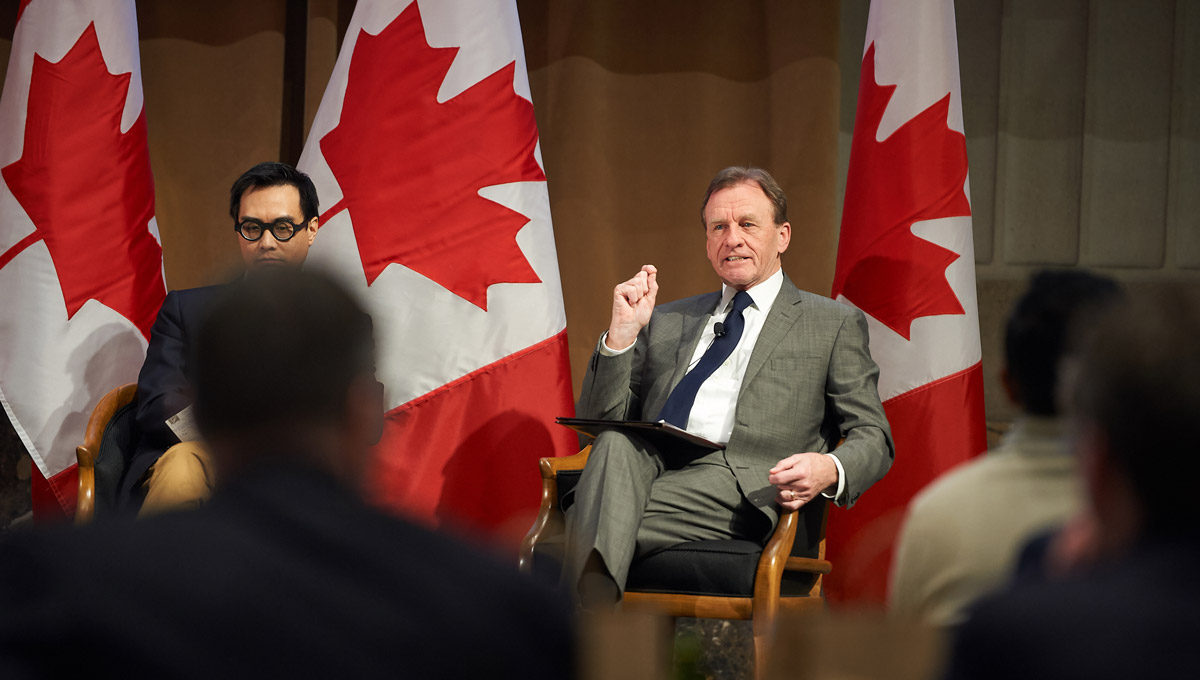 Allan Rock speaks. Electoral interferance was the key question of Artificial Intelligence, Democracy, and Your Election, an event hosted by Carleton on Feb. 25, 2019.