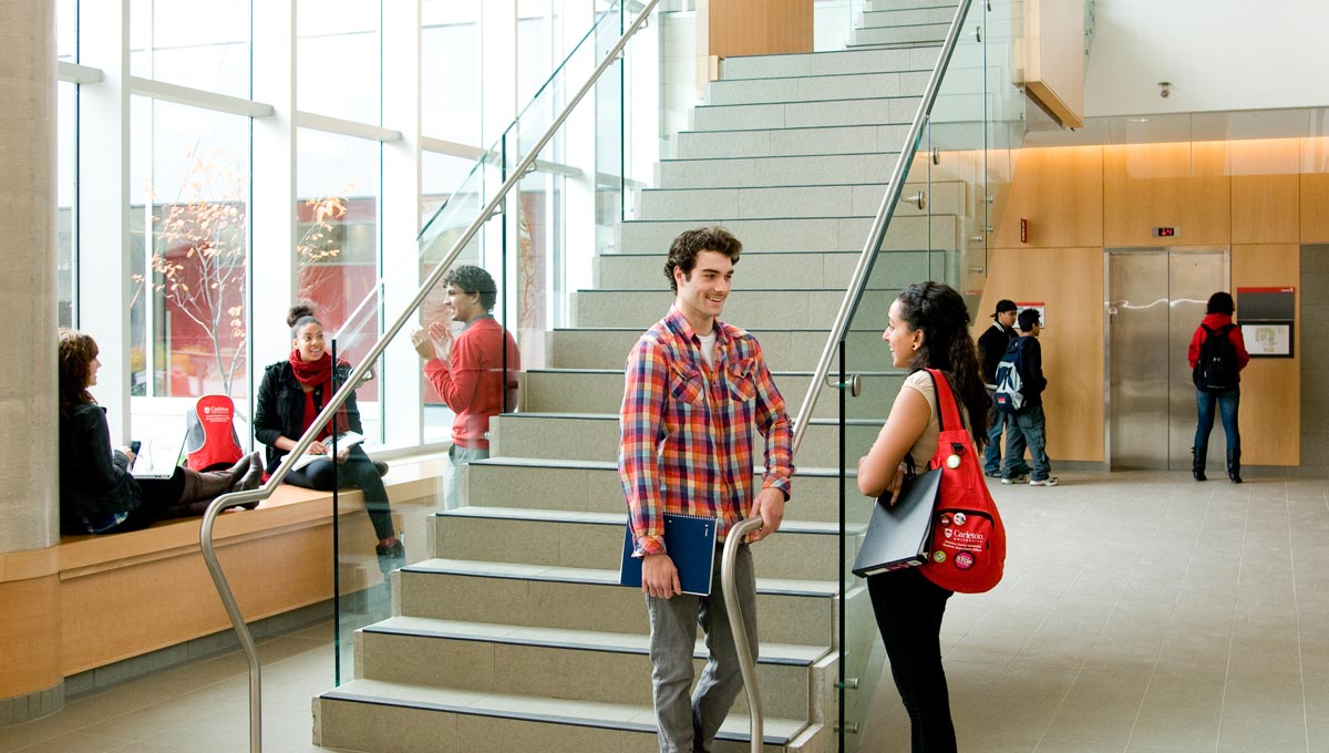 Students, who will benefit from new Carleton programs in 2016 - '17, have conversations in the Canal Building.