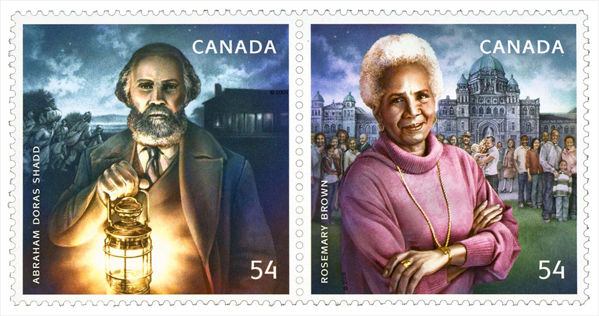 Two stamps side-by-side to honour Black Canadians in politics.