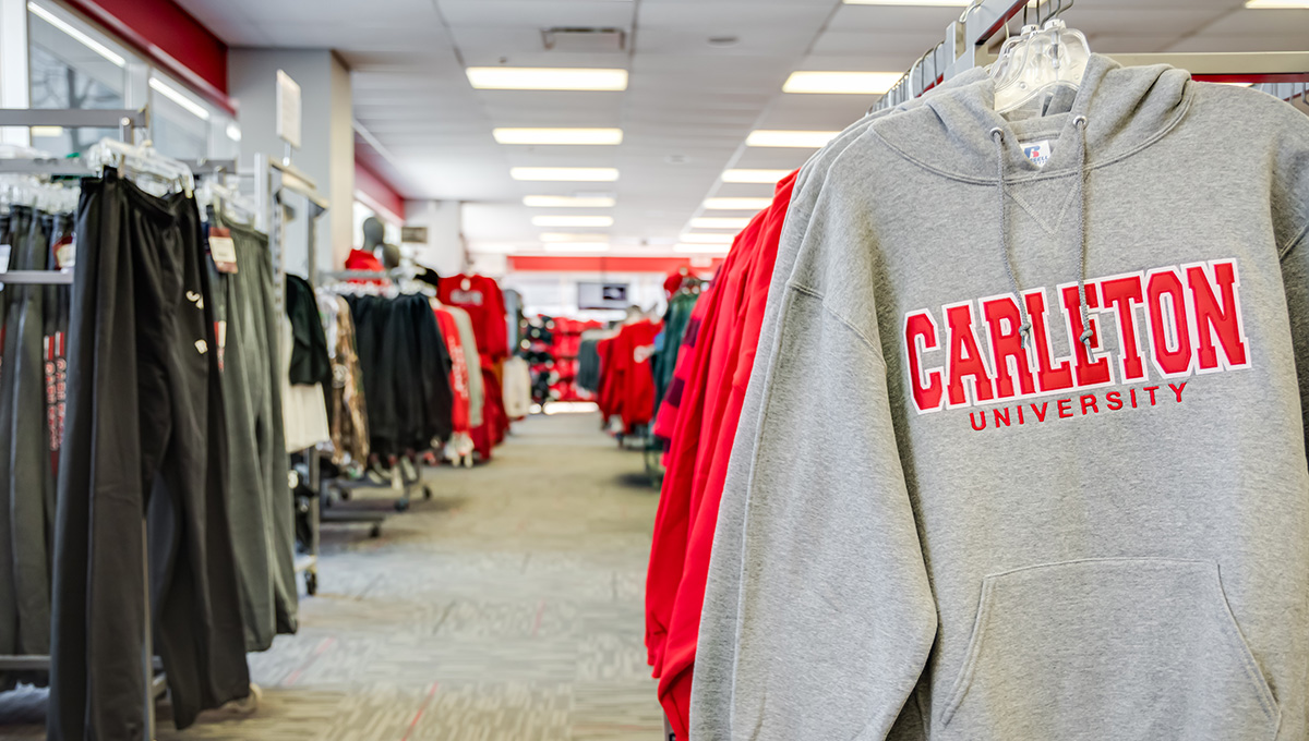 A hooded sweatshirt on display in the Carleton University Bookstore