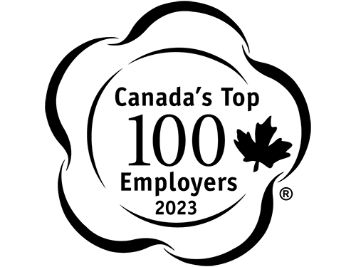 A logo with a maple leaf and the words Canada's Top 100 Employers 2023