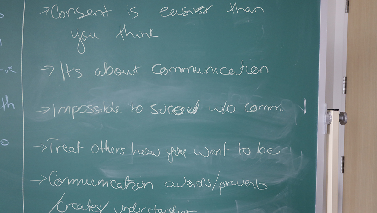 A green chalkboard with words in white chalk.