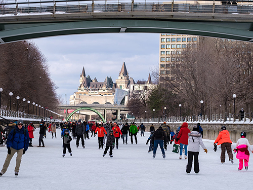 A large group of people skating on the Rideau Canal