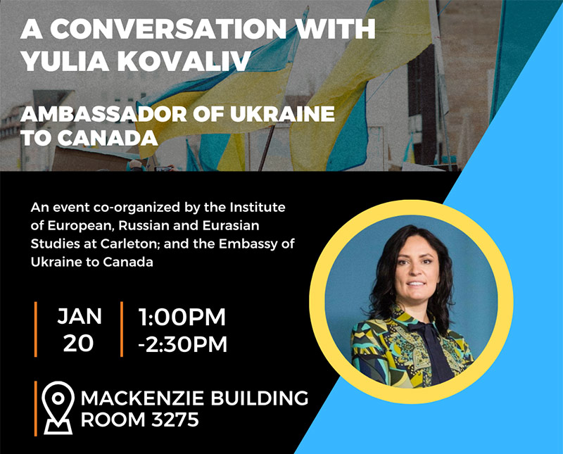 Poster for A Conversation with Yulia Kovaliv: Ambassador of Ukraine to Canada