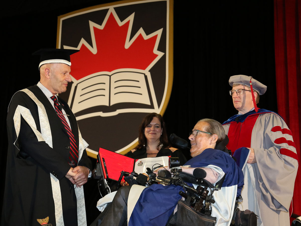 Catherine Frazee, professor emerita at Ryerson University, received an honorary degree during Carleton's Convocation for her leadership as a writer, educator, activist and advocate for promoting disability studies, art, culture and action in Canada.