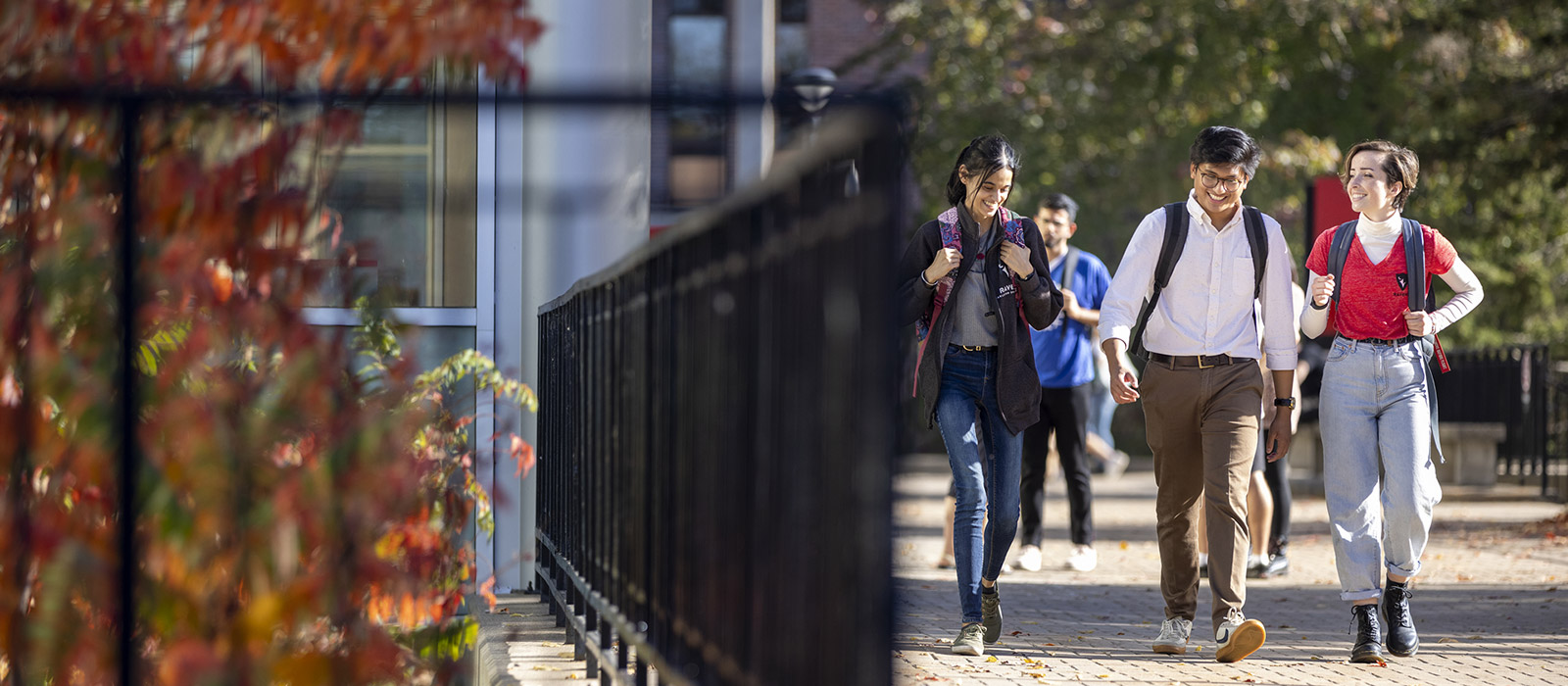 Students walking together along a fence