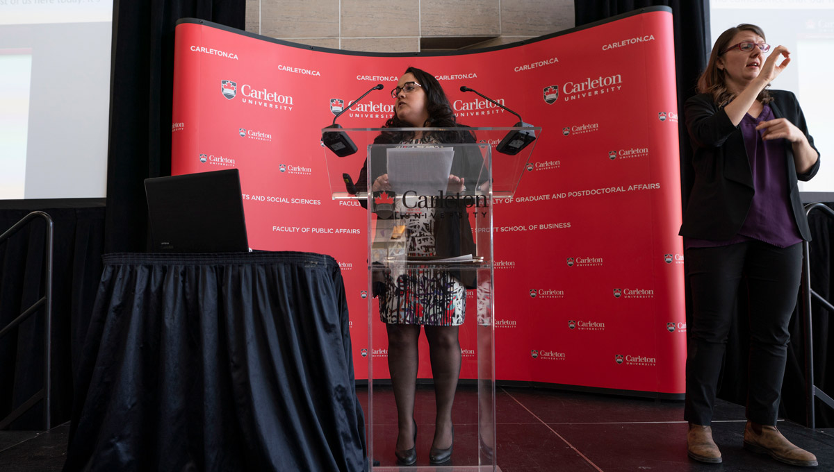 Amanda Bettencourt speaks during the Carleton University Accessible Experiential Learning Showcase.