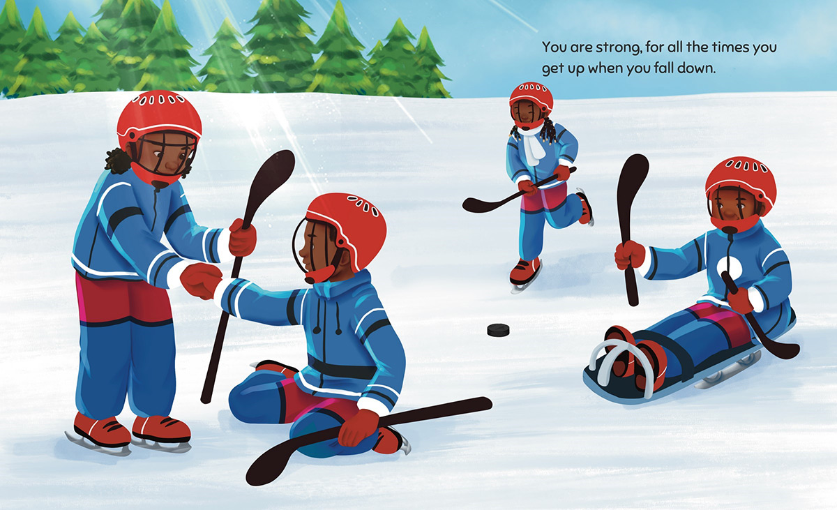 An illustration of young children playing ice hockey on an outdoor pond.