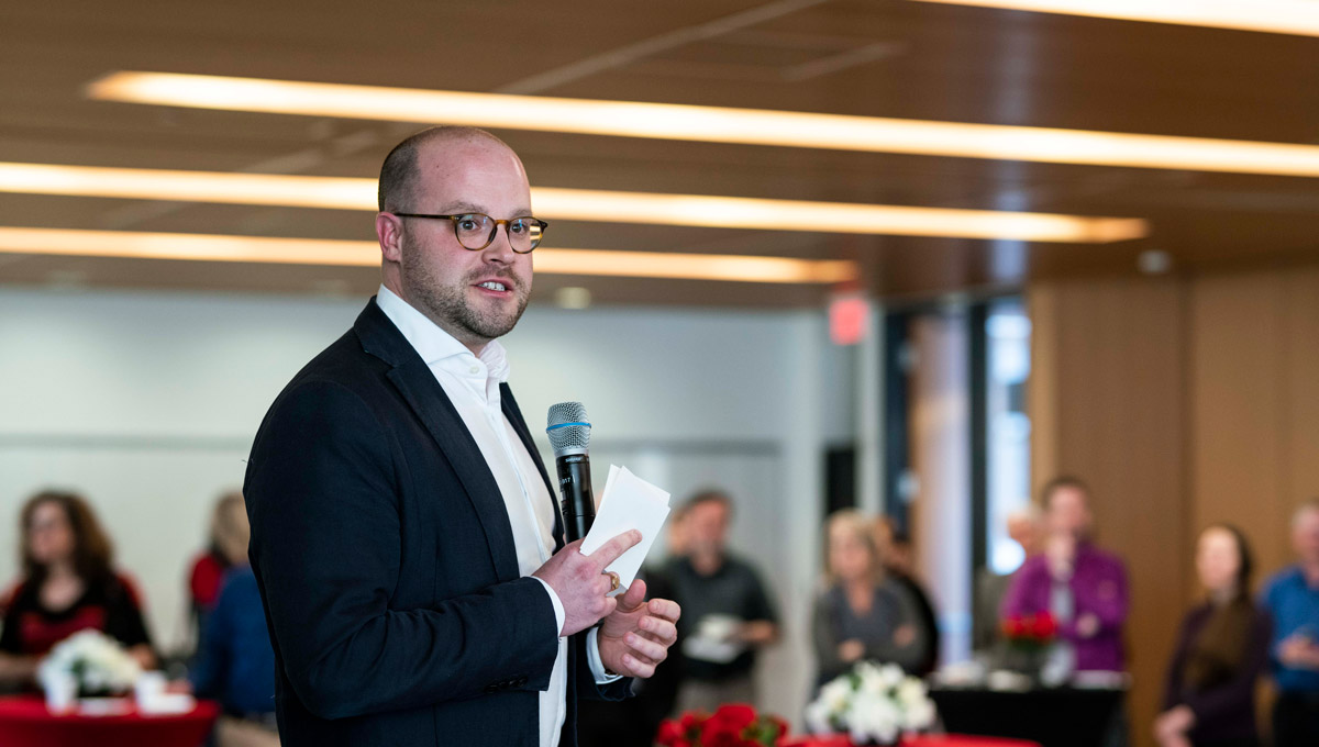 David Hornsby speaks at an event launching Teaching and Learning Services' collection of 67 short stories from Carleton’s faculty members and staff in February 2019.