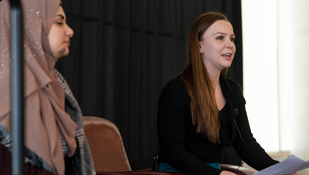 Carleton's Elle Reid speaks at an event launching Teaching and Learning Services' collection of 67 short stories from Carleton’s faculty members and staff in February 2019.