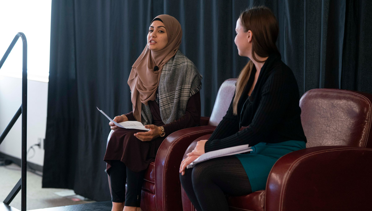 Carleton's Zeinab Fashwal speaks at an event launching Teaching and Learning Services' collection of 67 short stories from Carleton’s faculty members and staff in February 2019.