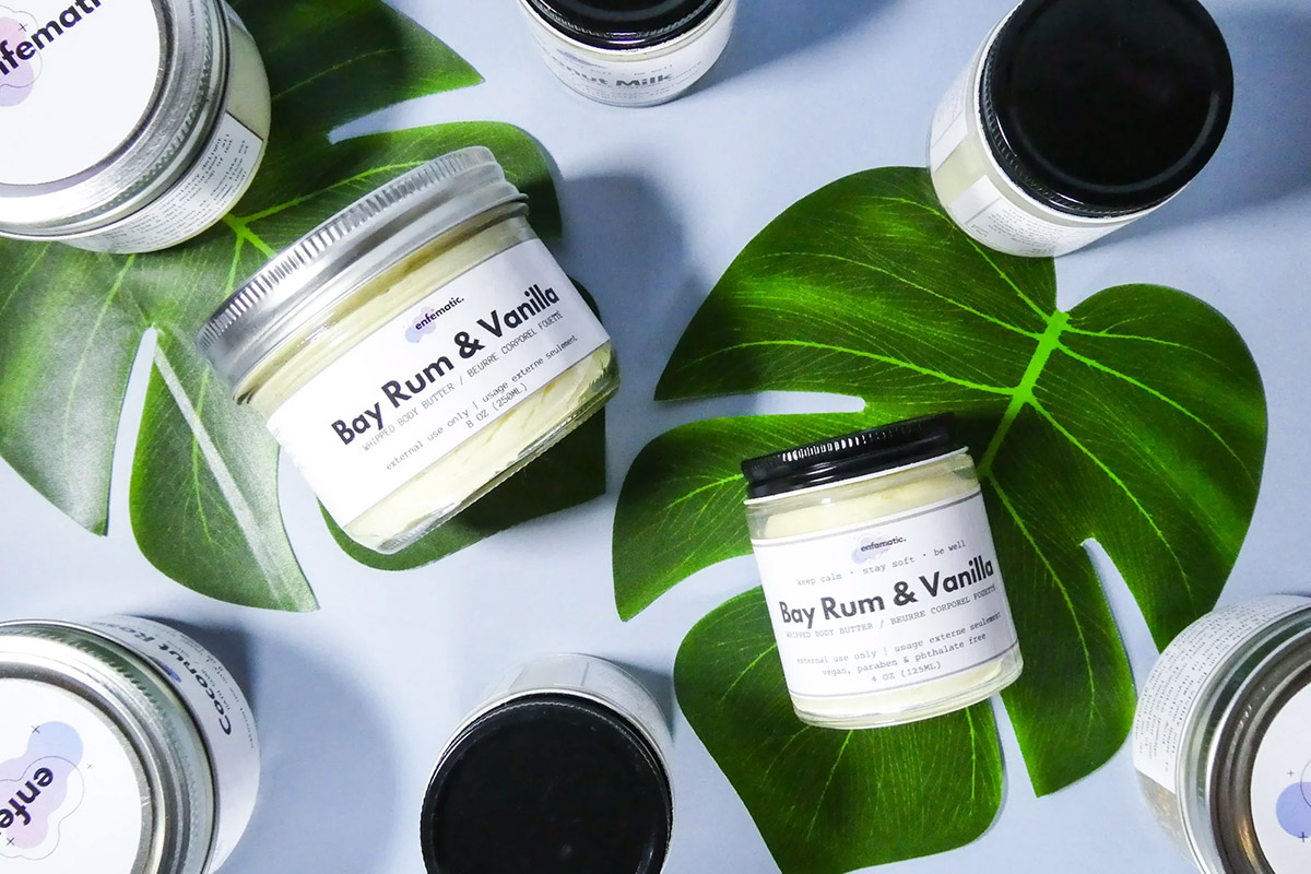 Jars of skincare products that are wrapped for gifting during the holidays.