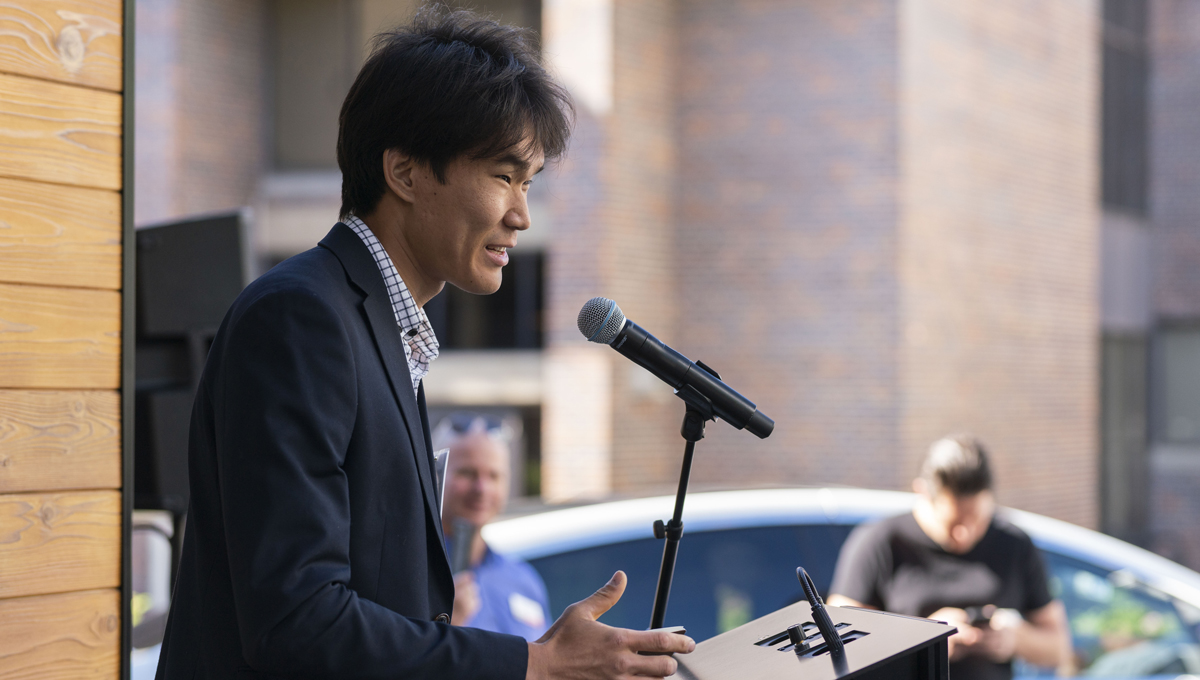 Seungyeon Hong speaks at the opening of the Northern Nomad energy autonomous house, which was designed and built by students.