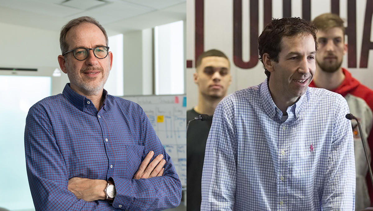 A split image of two people wearing dress shirts, one posing for the camera, and one speaking from a podium with people behind them - both leading projects to support remote communities.