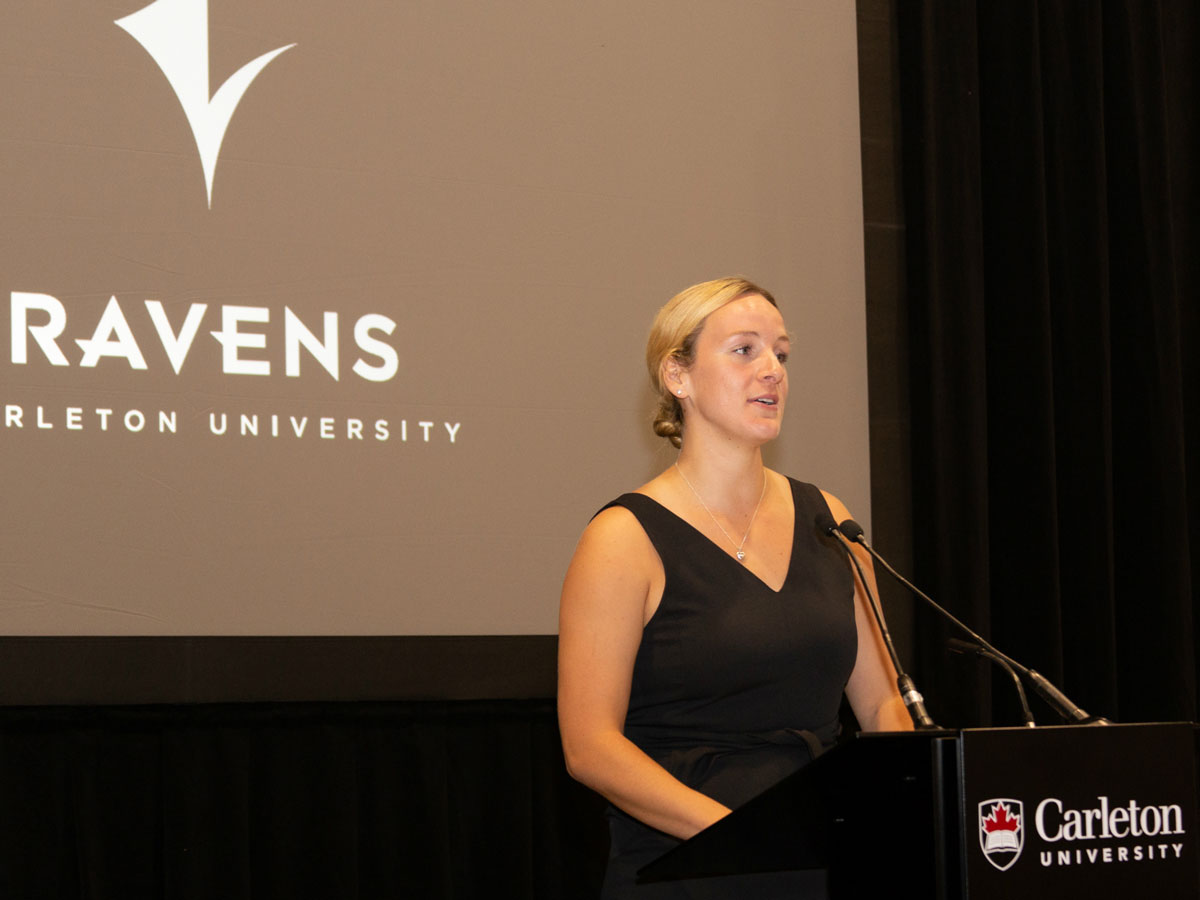 Student athlete Nicole Gilmore speaks in the Ravens Nest after the tournament.