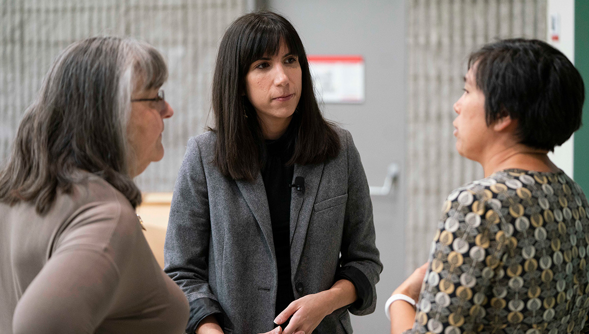 Gina Starblanket speaks with members of the Carleton community