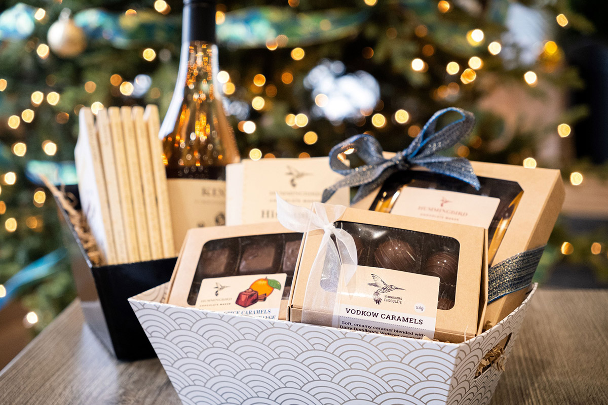 A basket of chocolate gifts.