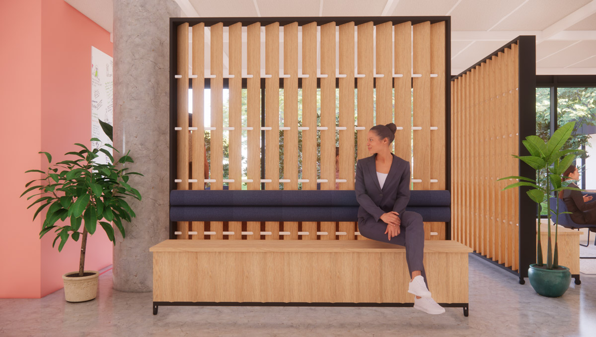 Innovation space rendering of a woman sitting on a bench.