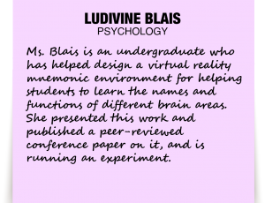 A note about Ludivine Blais: Ms. Blais is an undergraduate who has helped design a virtual reality mnemonic environment for helping students to learn the names and functions of different brain areas. She presented this work and published a peer-reviewed conference paper on it, and is running an experiment.