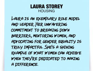 A note about Laura Storey: 'Laura is an exemplary role model and leader. Her unwavering commitment to breaking down barriers, mentoring women, and advocating for gender equality is truly impactful. She's a shining example of what women can achieve when they're dedicated to making a difference. '