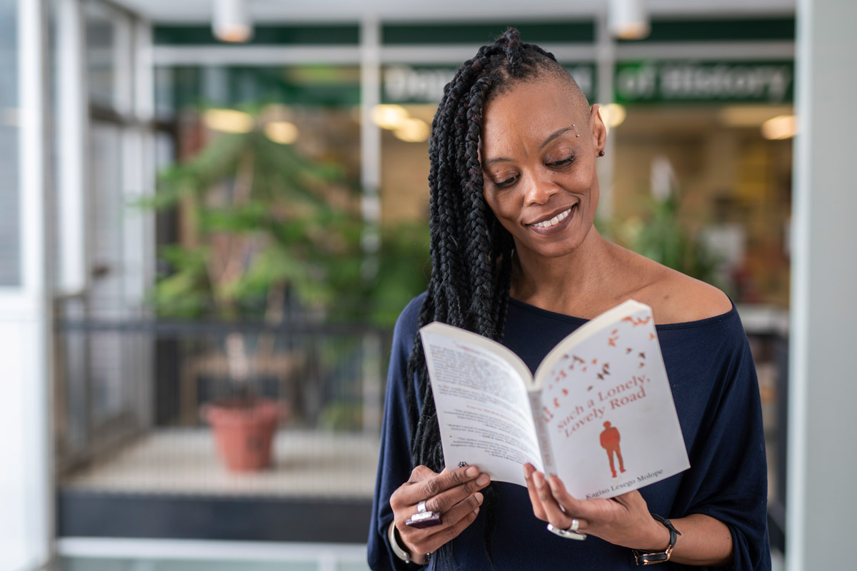 Film Studies student Kagiso Lesego Molope, pictured here reading one of her novels in Paterson Hall, is an accomplished, award-winning novelist whose writing reflects the diversity of Canada.