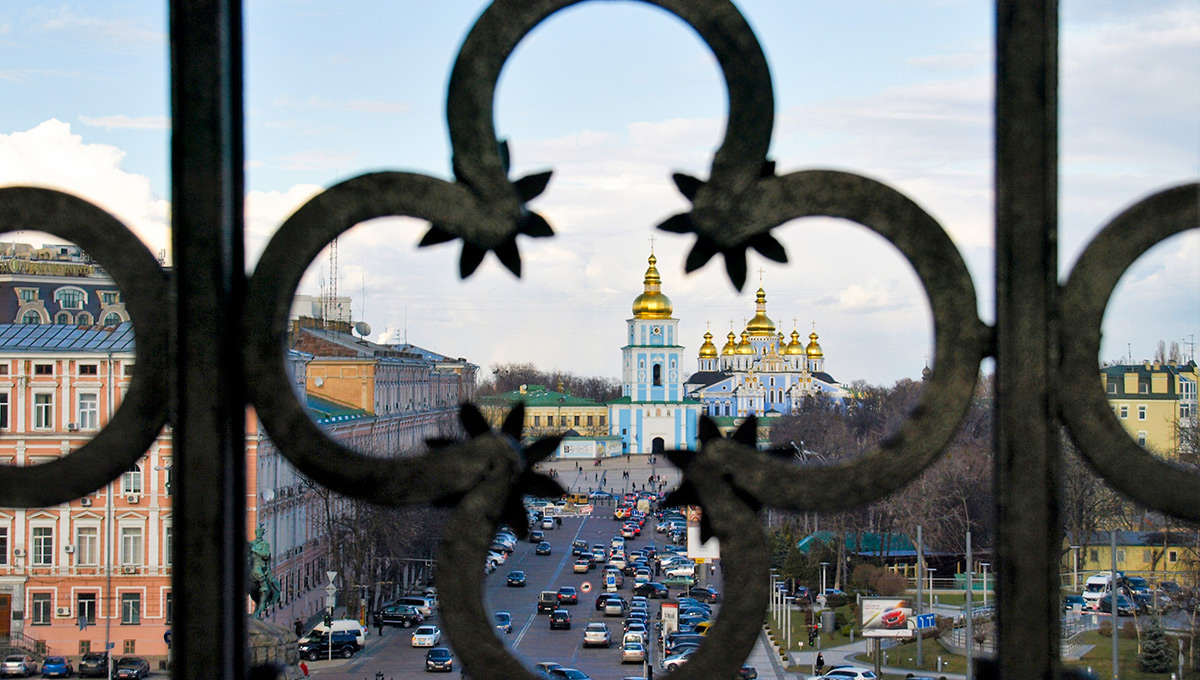 St Michael's Golden Domed Monastery in Kyiv, viewed from the bell tower of St Sophia's Cathedral.