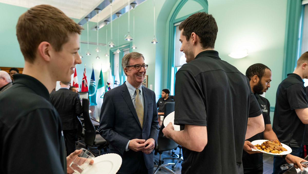 Carleton's men's basketball champions were celebrated at City Hall for their 14th U Sports win in March 2019.