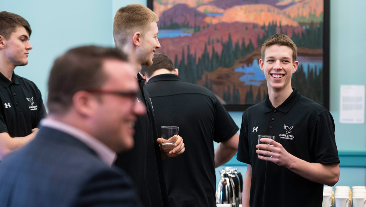 Carleton's men's basketball champions were celebrated at City Hall for their 14th U Sports win in March 2019.