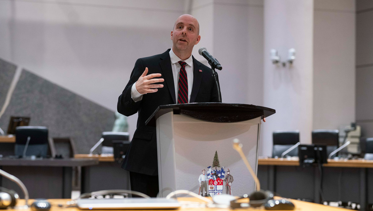 President Benoit-Antoine Bacon delivered a speech during the Mayor’s Breakfast Series at Ottawa City Hall on Feb. 12, 2019.