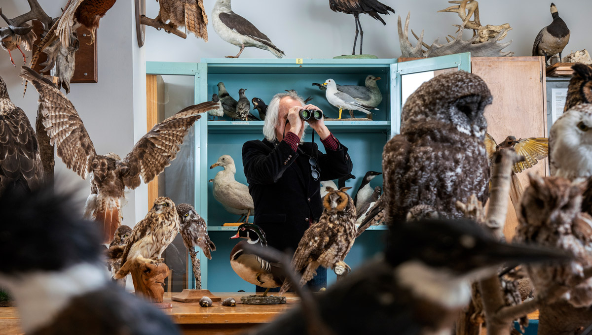 Carleton University Biology Prof. Michael Runtz, pictured here in a lab looking through binoculars, has published Algonquin Wild, a new book celebrating the 125th anniversary of Algonquin Provincial Park.