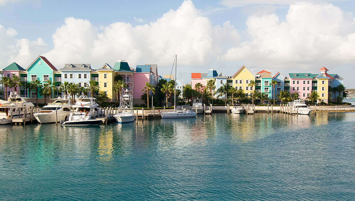 Colorful village on Paradise Island, in Nassau, Bahamas