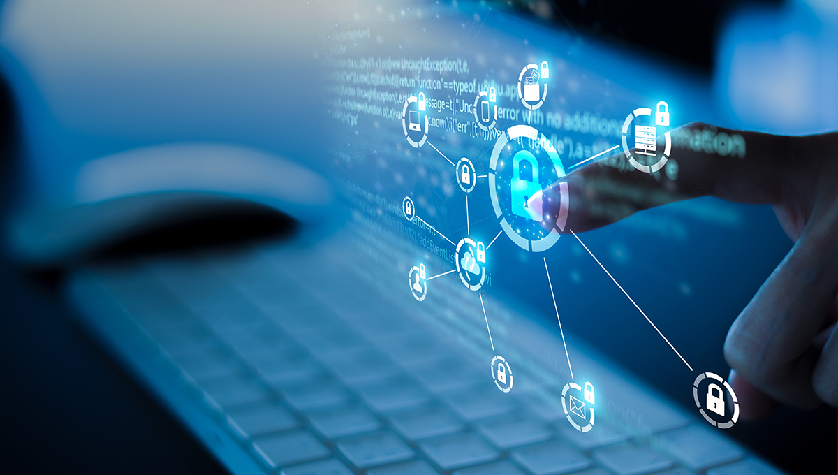 Network security design concept featuring a finger touching a hologram of a lock symbol