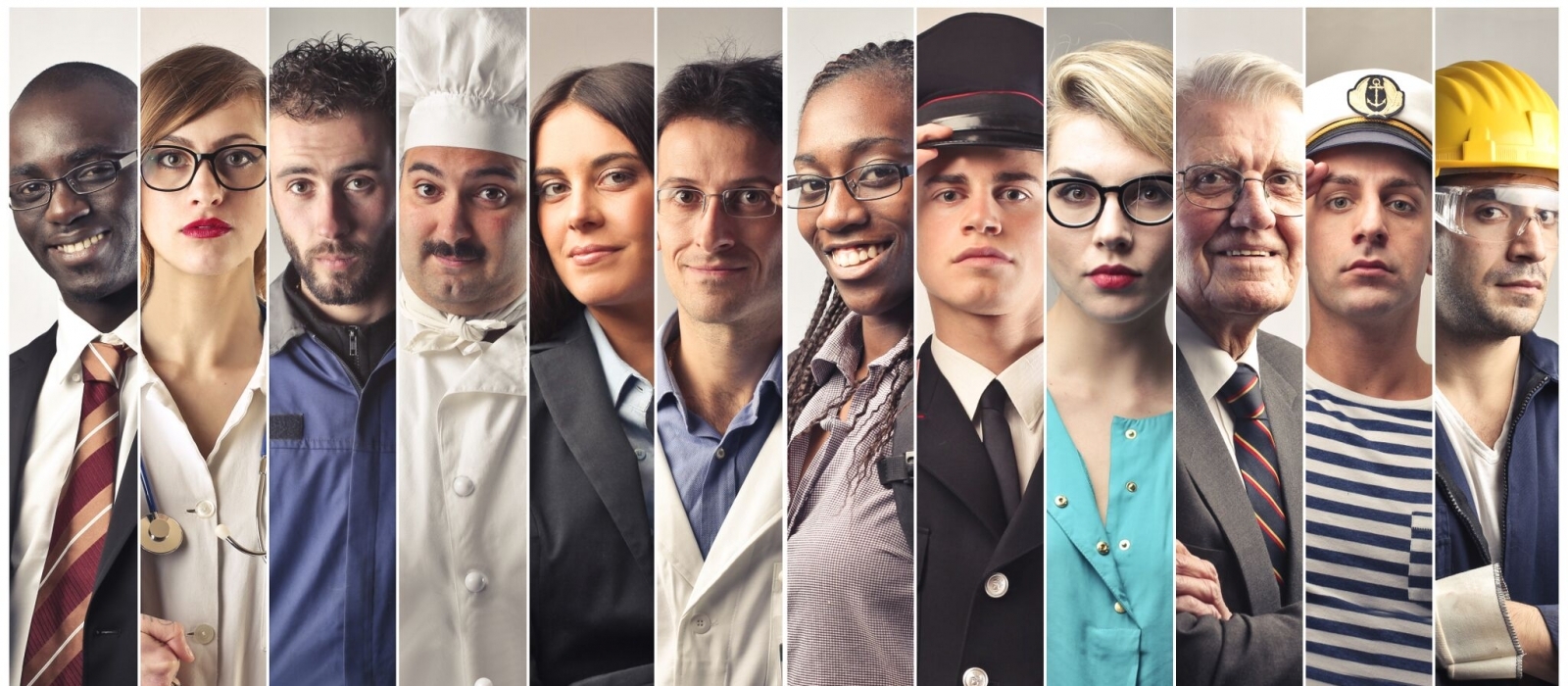 A horizontal collage of diverse people representing many different professions, including business person, doctor, chef, pilot etc.