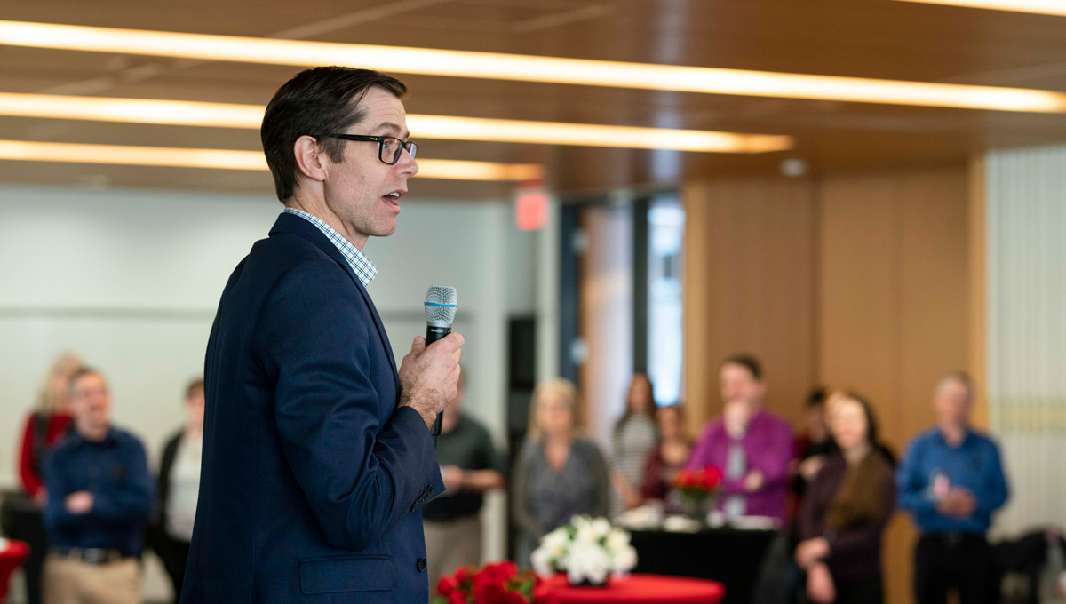 Carleton's Patrick Lyons speaks at an event launching Teaching and Learning Services' collection of 67 short stories from Carleton’s faculty members and staff in February 2019.