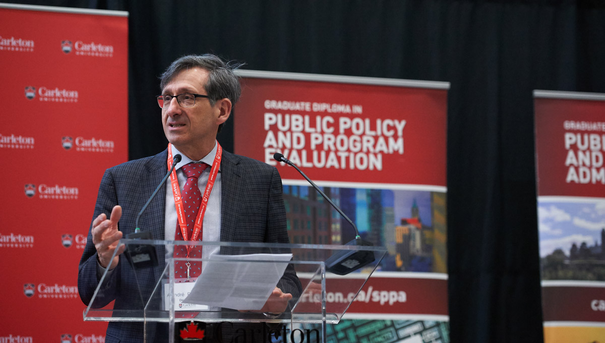 André Plourde, dean of the Faculty of Public Affairs, speaks at the 2019 National Public Administration Student Case Competition, which Carleton University's School of Public Policy and Administration hosted in February 2019.