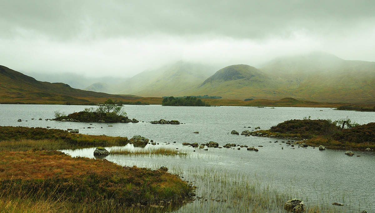 Rannoch moor and misty mountains in the distance