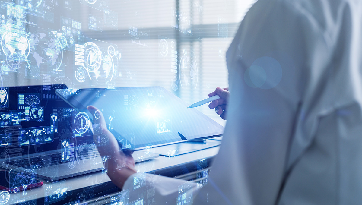 A researcher using an iPad