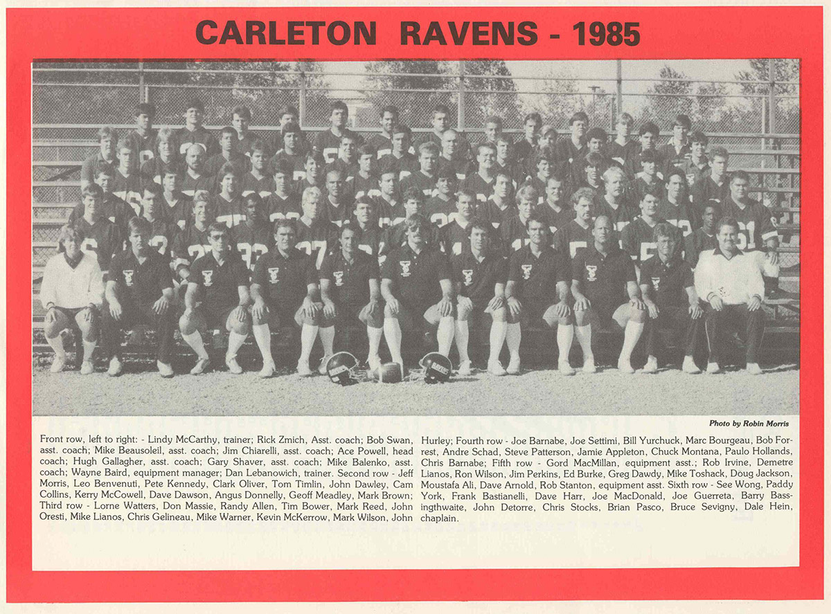 A newspaper photo of the Carleton Ravens Football lineup in 1985