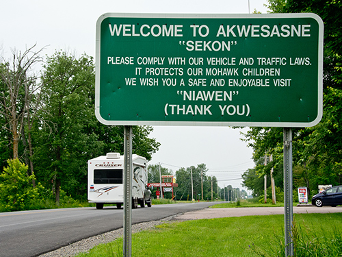 A street sign that says: Welcome to Akwesasne 'Sekon'