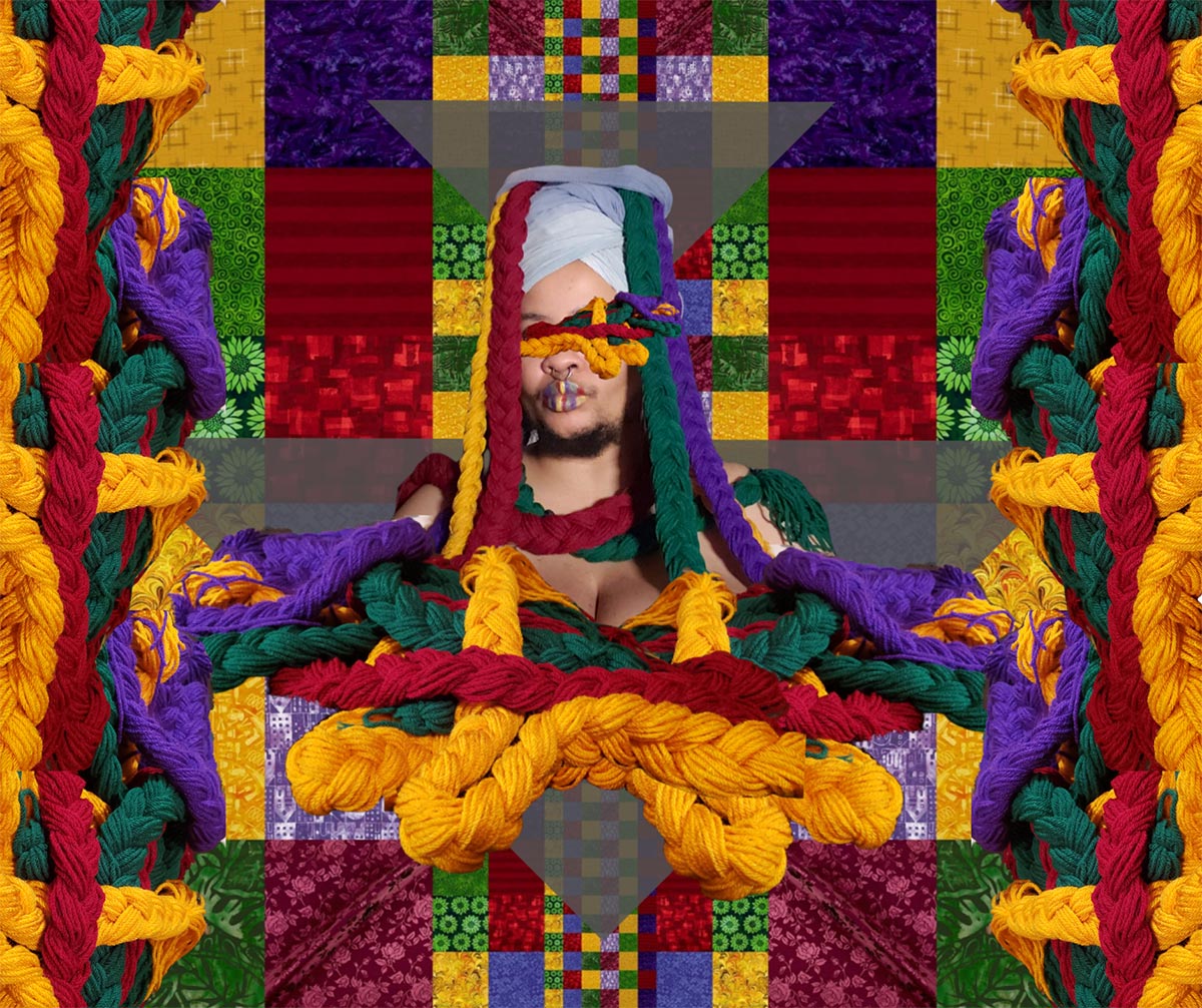 A grid of jewel-toned purple, yellow, green and red fabric squares forms the image of a quilt. At the centre, the artist's head, crowned in alight bluefabric wrap, and torso, are adorned with braids of purple, yellow, red and green yarn. Their eyes are covered by several smaller entwined colourful braids.